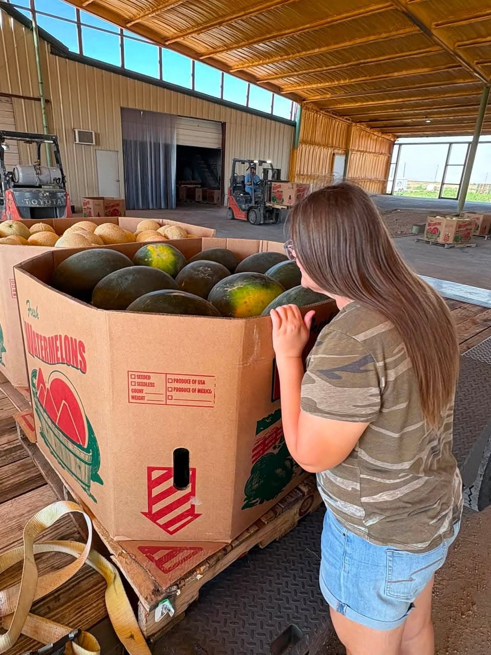 A Plowman’s Produce family member inspecting a watermelon load in Coyanosa